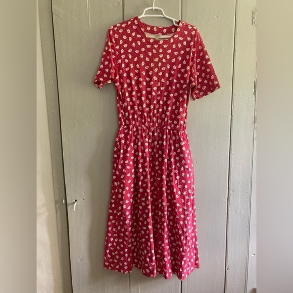 Vintage 90s LANDS END Nautical Boat Print Dress M Short Sleeve Coastal Grandma